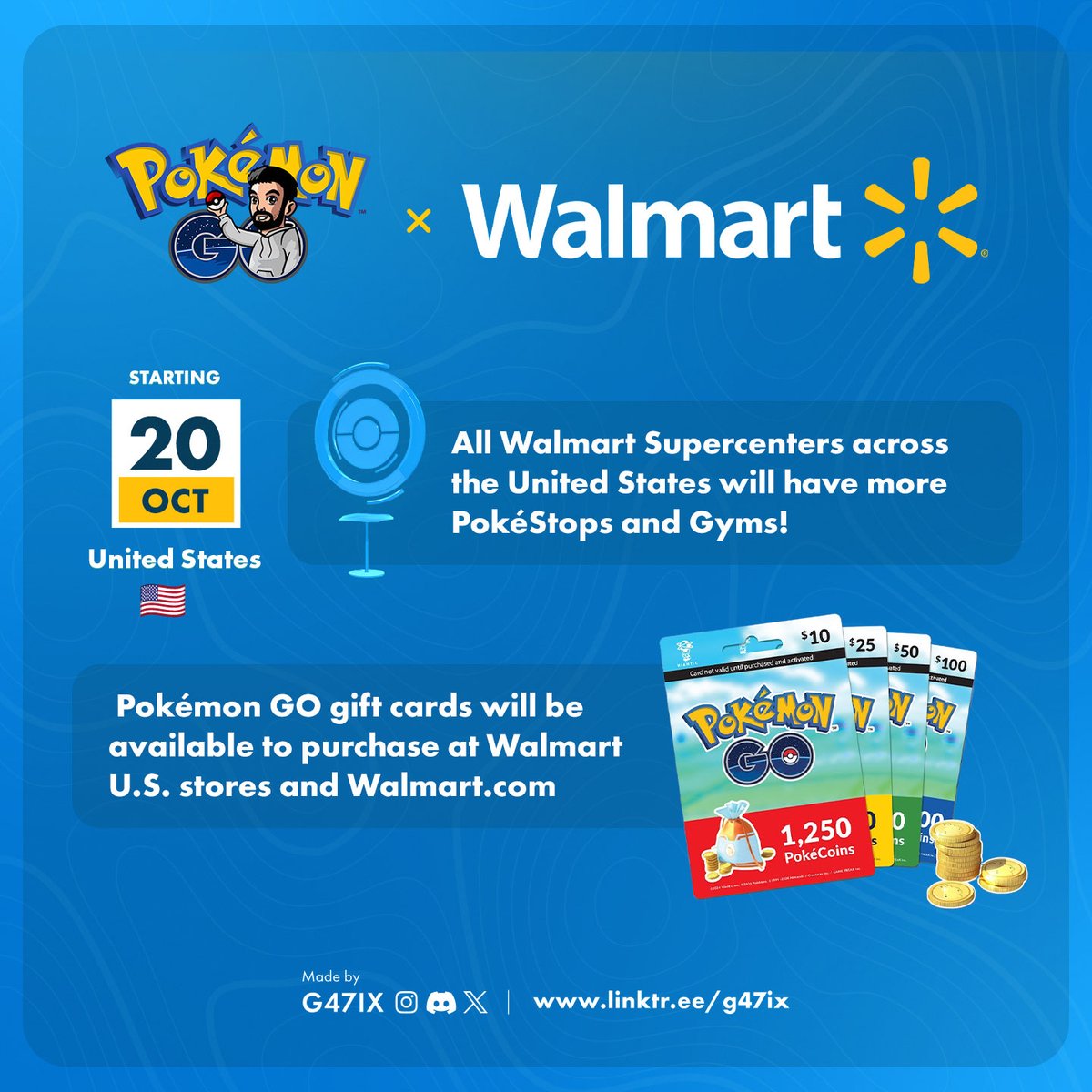 Starting October 20, all Walmart Supercenters across the United States will have more PokStops and Gyms #pokemongo Starting October 20, all Walmart Supercenters across the United States will have more PokStops and Gyms #pokemongo