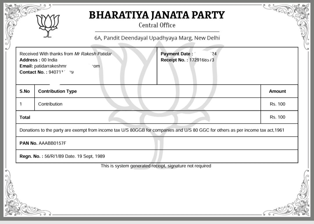 Rakeshpmns's tweet photo. मुझे भाजपा का सक्रिय सदस्यता ( Active membership) शुल्क 100/- ऑनलाइन जमा करके रसीद प्राप्त करके गर्व का अनुभव हो रहा है। आप सभी कार्यकर्ता भी सक्रिय सदस्यता शुल्क जमा करके विश्व की सबसे बड़ी पार्टी का सक्रिय सिपाही बने। @BJP4India @BJP4MP @mpsudhirgupta https://t.co/GtT1TL7IqB