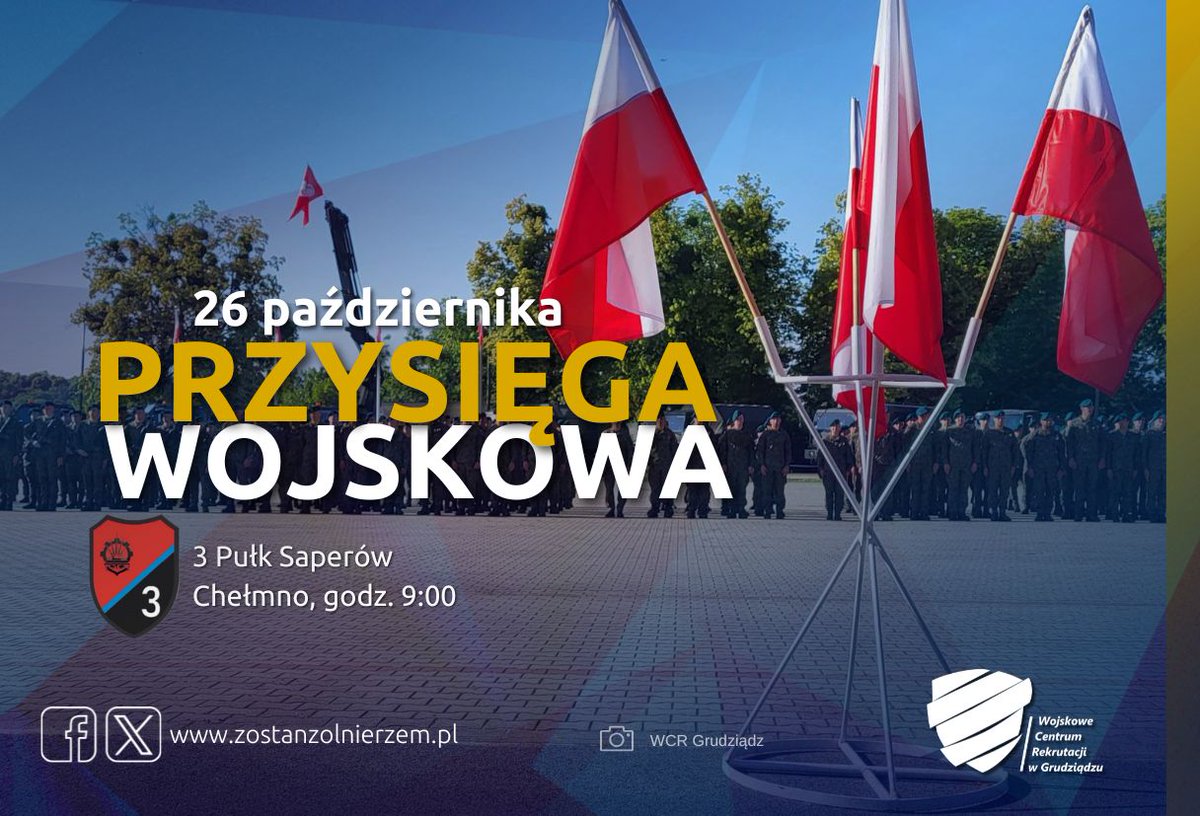 WCRGrudziadz's tweet photo. 📣Już w tą sobotę dobiegnie końca VIII turnus #DZSW!
Z tej okazji zapraszamy na uroczystą przysięgę, która odbędzie się 26 października w #3psap w m. Chełmno👈
Na miejscu spotkać będzie można również rekruterów z @WCRGrudziadz!🫡
@ZolnierzRP @MON_GOV_PL https://t.co/zYJrWxBFrO