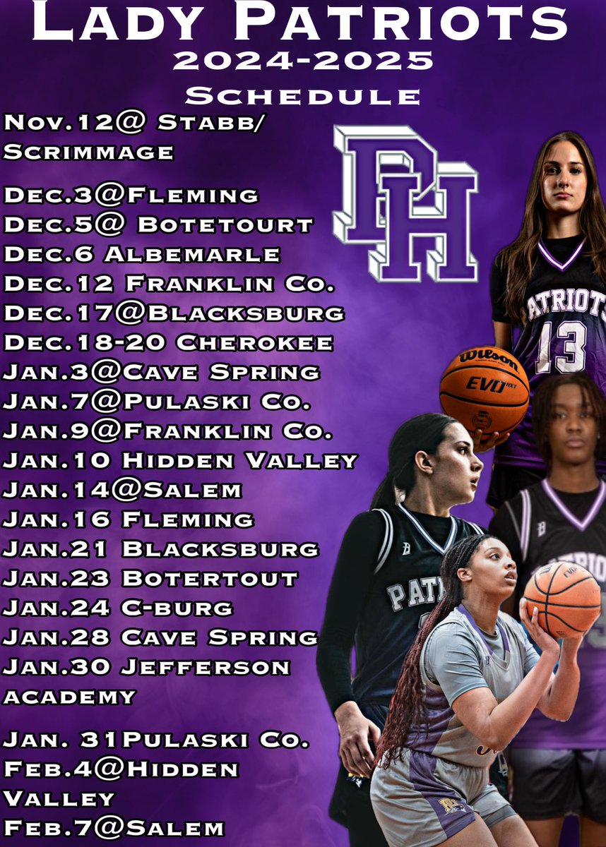 Lady Patriots 2024-2025 season schedule make sure you come check these young ladies out this season. You will not be disappointed!