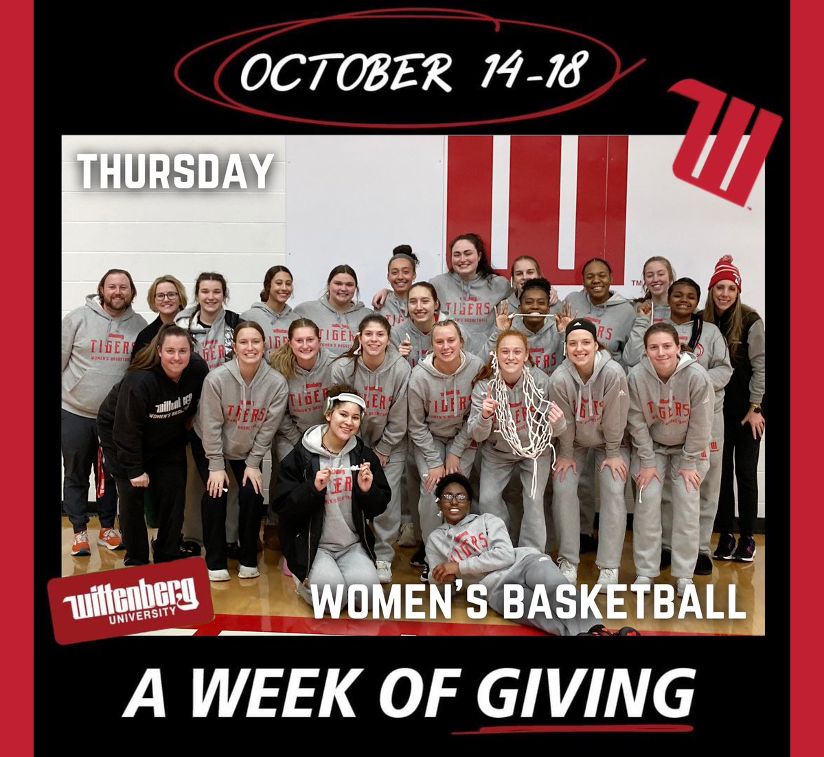 Today’s focus of #AWeekOfGiving is <a href="/WittAthletics/">Wittenberg Athletics</a>! Gifts to Athletics ensure that current and future Tigers have all they need to have the best student-athlete experience possible. Give today to support our Sisterhood: giving.wittenberg.edu/project/43462

#TigerUp #Sisterhood