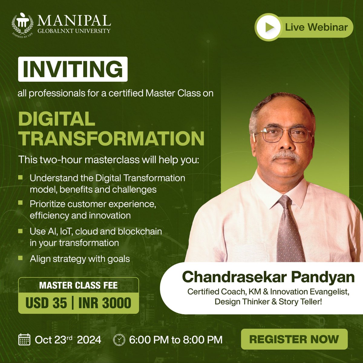 Join our Certified Master Class on Digital Transformation! Learn how to harness AI, IoT, Cloud, and Blockchain to drive innovation, boost efficiency, and align your strategies with your goals. 

Register here: forms.office.com/r/vPfehVZCzJ