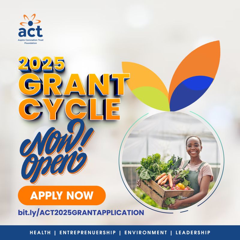 📢Call for Application!!!
ACT Foundation Grant Cycle 2025 for Non-profit Organizations and Social Enterprises in Africa.
Deadline: November 3, 2024

Applications are now open for the 2025 Aspire Coronation Trust - <a href="/ACTFoundation_/">ACTFoundation</a> Grant Cycle.

Apply here: actrustfoundation.org/grant_applicat…