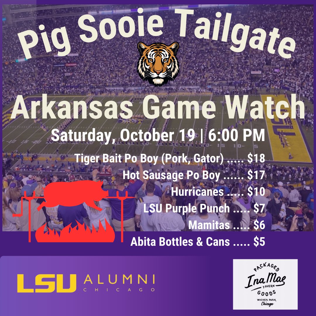 lsuchicago's tweet photo. Join us Saturday as we cook up some razorback, both on and off the field.  Pair that with some drink specials and fellow Tiger fans and you’ve got yourself quite the weekend! Geaux Tigers  💛💜🐯

#lsuchicageaux #chicageaux #lsuchicago #lsualumni https://t.co/qXSytrORtT
