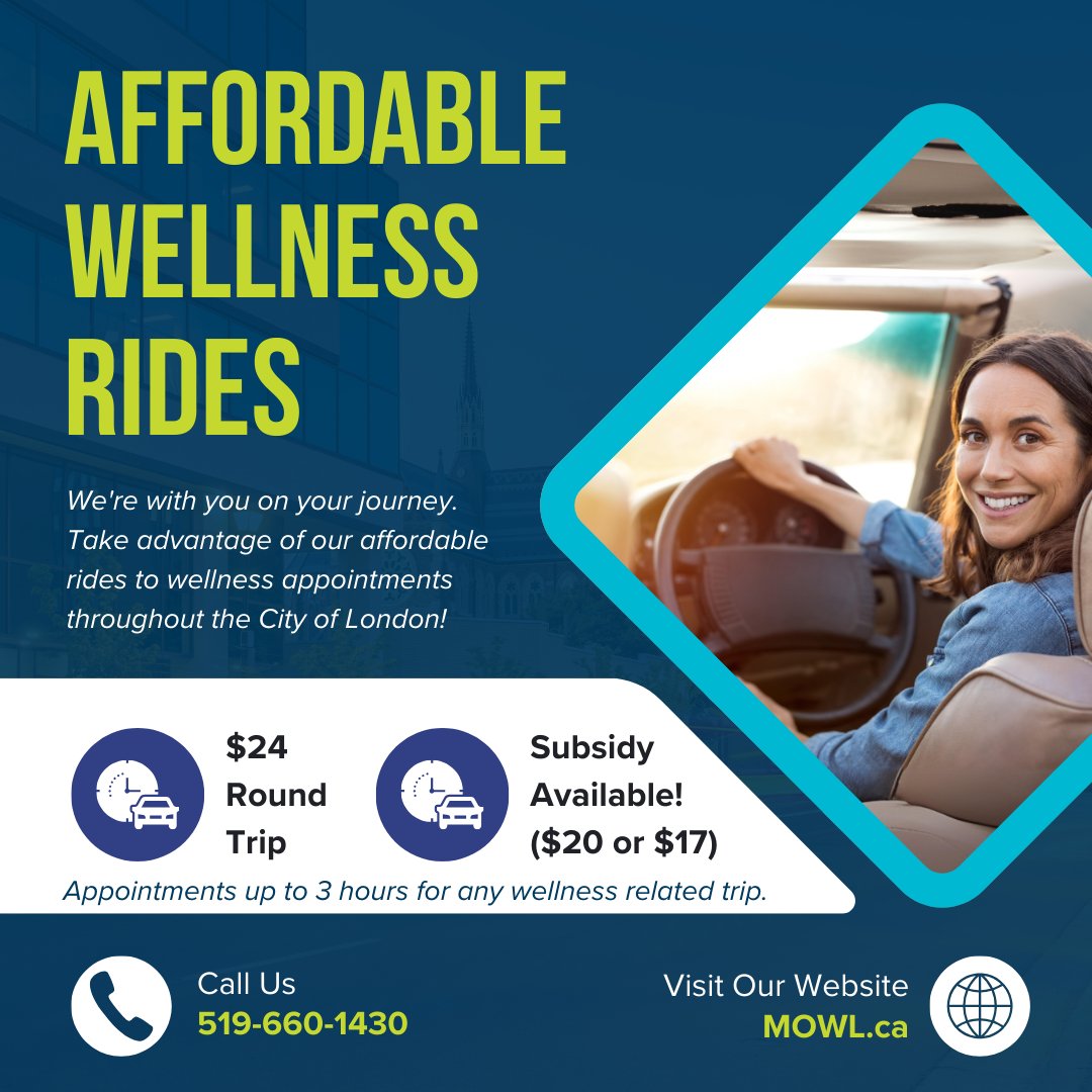 MOWLondon's tweet image. Tired of missing appointments? 🗓️

Get reliable rides for just $24 round trip! 💚💙
Subsidy is available - your cost could be even lower!

Experience the best #RideService in #LdnOnt 🌟
Call 519-660-1430 or click bit.ly/MOWLTransporta…