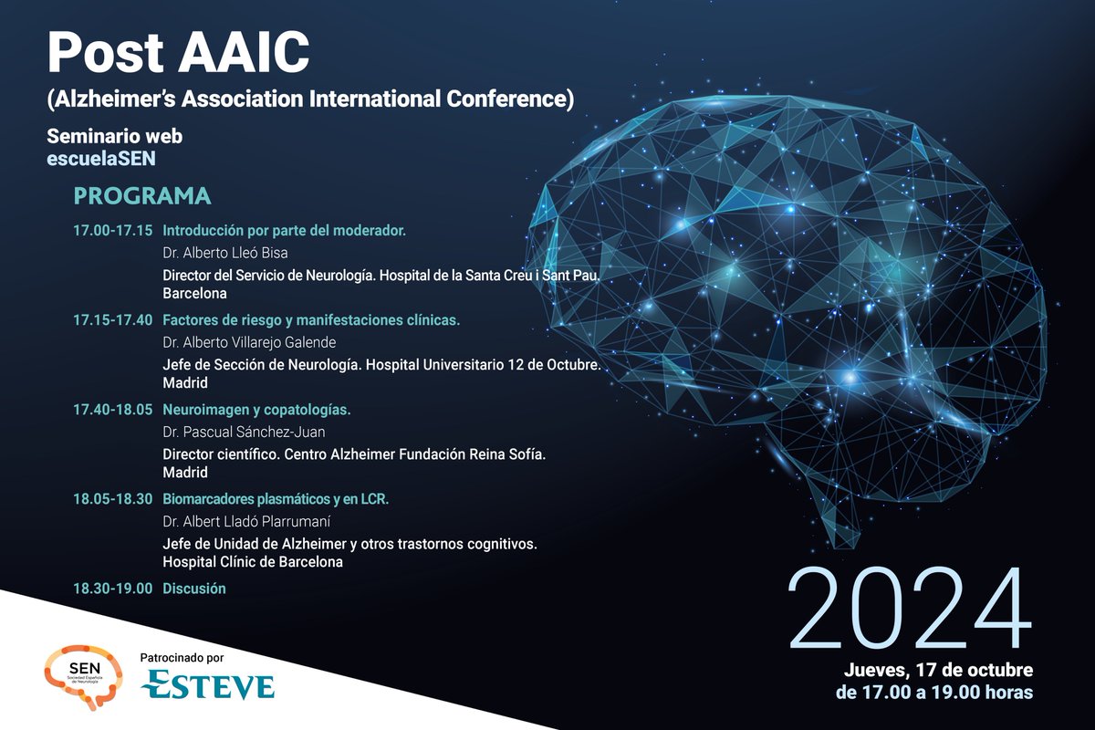 Proyectos SEN (@senproyectos) on Twitter photo Post AAIC 2024.
Esta tarde a las 17.00 h emitimos en directo este seminario web en el que 3 expertos en #demencias resumen las principales novedades científicas en este ámbito.
Os invitamos a participar:
escuelasen.es/POST-AAIC
Colabora <a href="/ESTEVE_ESP/">ESTEVE España</a> Post AAIC 2024.
Esta tarde a las 17.00 h emitimos en directo este seminario web en el que 3 expertos en #demencias resumen las principales novedades científicas en este ámbito.
Os invitamos a participar:
escuelasen.es/POST-AAIC
Colabora <a href="/ESTEVE_ESP/">ESTEVE España</a>