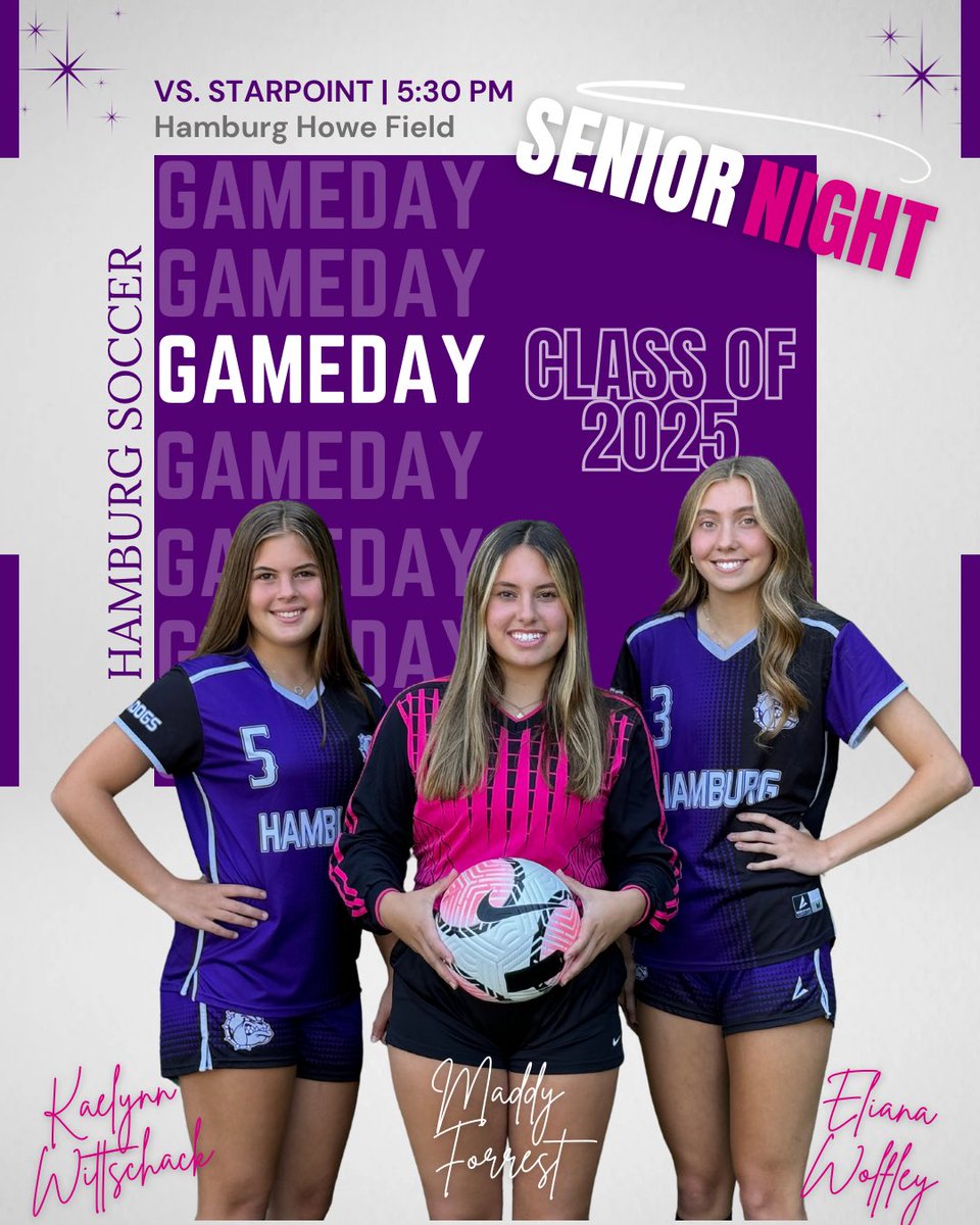HamGVSoccer's tweet photo. 💥 SENIOR NIGHT💥 Join us today at home as we celebrate our 3 seniors for senior night!! Let’s Go Bulldogs!! #BleedPurple ⚽️💜🐾

🗓 | Thursday, Oct 17
⏰ | 5:30 pm
🆚 | Starpoint
📍 | Hamburg High School 
📺 | https://t.co/qBjIOrmVWb https://t.co/5j95J9iQxE
