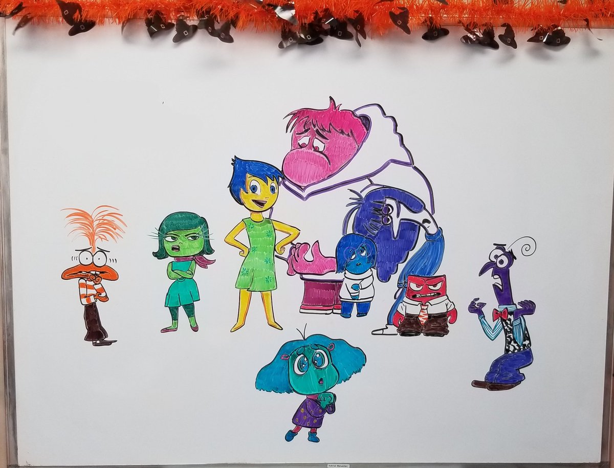 Todays drawing is Inside Out 2 characters suggested by a staff!
My arm hurts and this took a while to finish.

#whiteboardart