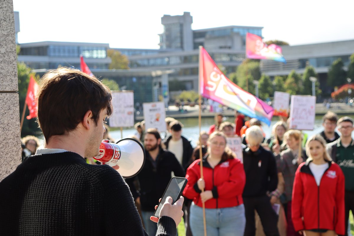 UCDSU's tweet photo. UCD students walked out of class today in protest against Budget 2025, demanding better support for students, faculty and the HE sector. We joined students and staff across the country to call for a new deal for students &amp; urging voter reg ahead of #ge25. #studentwalkout https://t.co/CbezsmEBoe
