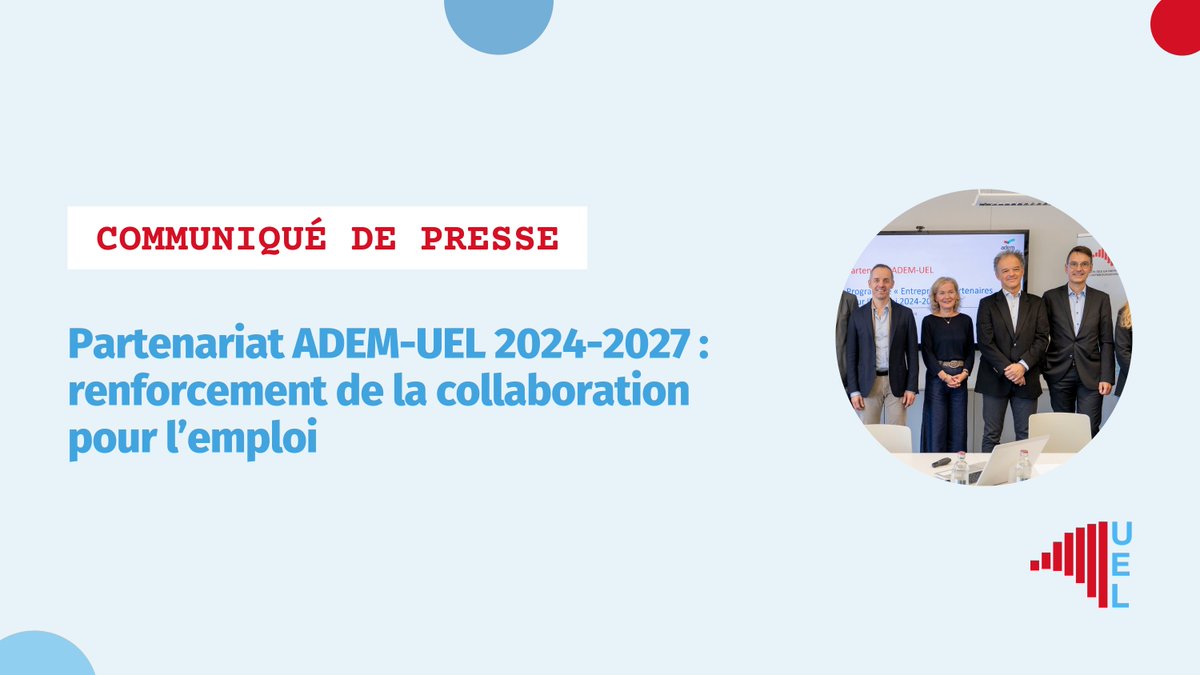 #communiqué
En présence du ministre du Travail, Georges Mischo, l’ <a href="/ADEM_Luxembourg/">ADEM</a> et l’UEL ont officialisé aujourd’hui le renouvellement de leur programme « Entreprises, partenaires pour l’emploi » pour la période 2024-2027. Ce partenariat, initié en 2015, vise à renforcer les