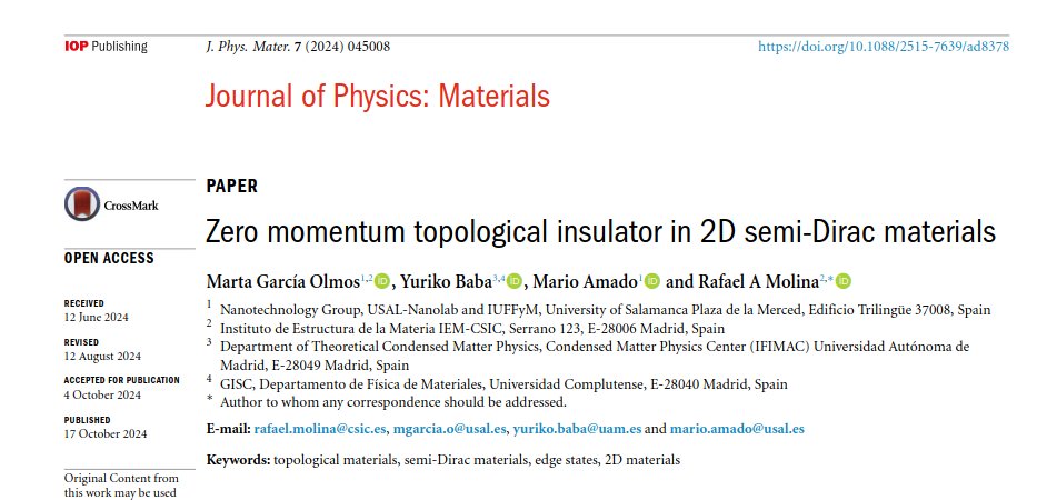 Yuriko Baba D'Agostino (@yurikobd) on Twitter photo Our new paper is out!
"Zero momentum topological insulator in 2D semi-Dirac materials" <a href="/JPhysMaterials/">JPhys Materials</a> !
👉 doi.org/10.1088/2515-7…
We study topological states in semi-Dirac materials by momentum space reduction, as high order TIs in reciprocal space!
👏 Marta García Olmos! Our new paper is out!
"Zero momentum topological insulator in 2D semi-Dirac materials" <a href="/JPhysMaterials/">JPhys Materials</a> !
👉 doi.org/10.1088/2515-7…
We study topological states in semi-Dirac materials by momentum space reduction, as high order TIs in reciprocal space!
👏 Marta García Olmos!