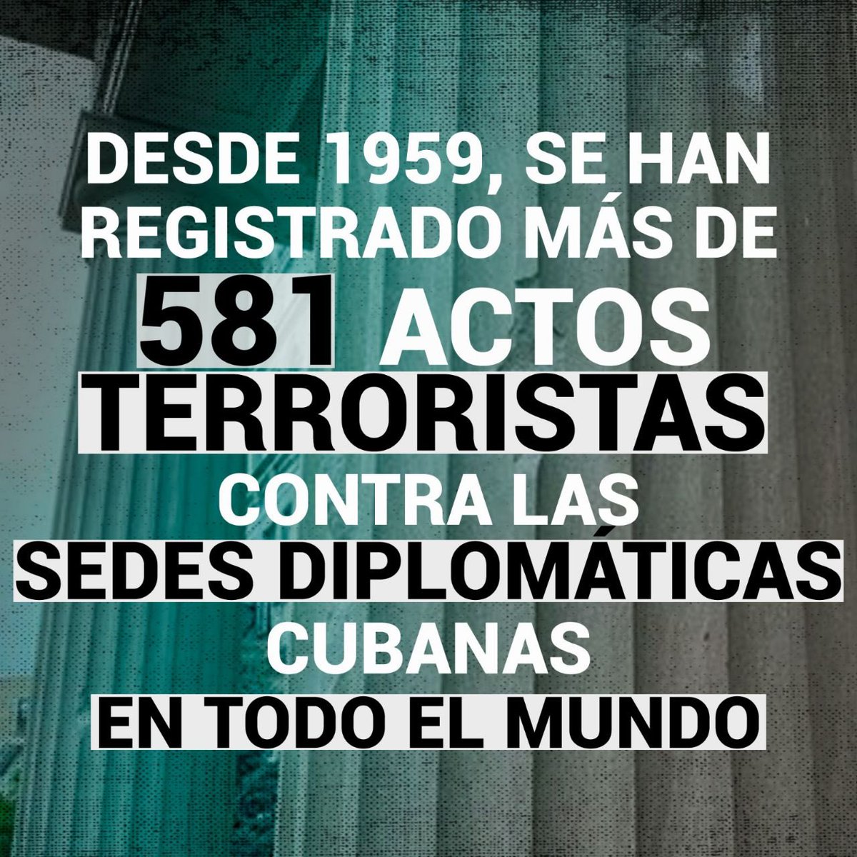 Since 1959, more than 581 acts of terrorism have been recorded against Cuban 🇨🇺 diplomatic missions around the world.

#NoAlTerrorismo