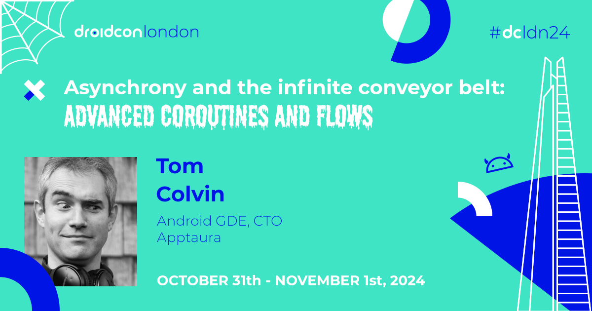 droidconLondon's tweet image. Excited to welcome @tdcolvin to the #dcldn24 stage! 🇬🇧
Explore the inner workings of #KotlinCoroutines & flows—what happens with 'suspend' functions, scopes, contexts, and more! london.droidcon.com/tom-colvin/