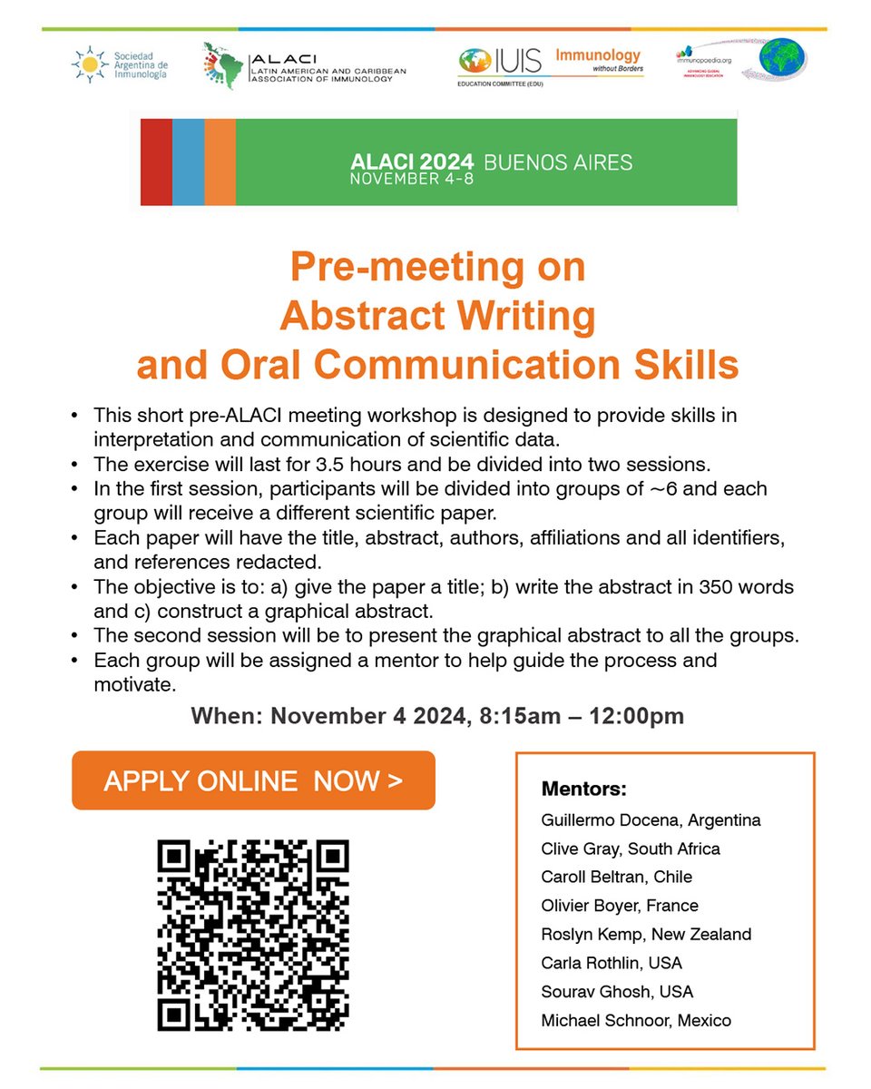El lunes 4 de Noviembre, en el marco de las actividades pre congreso de ALACI 2024 se realizará el workshop "Abstract Writing and Oral Communication Skills" organizado por el comité de Educación de IUIS!
Ingresa a la página de ALACI 2024 para anotarte! 👈🌐

#sai #alaci #iuis