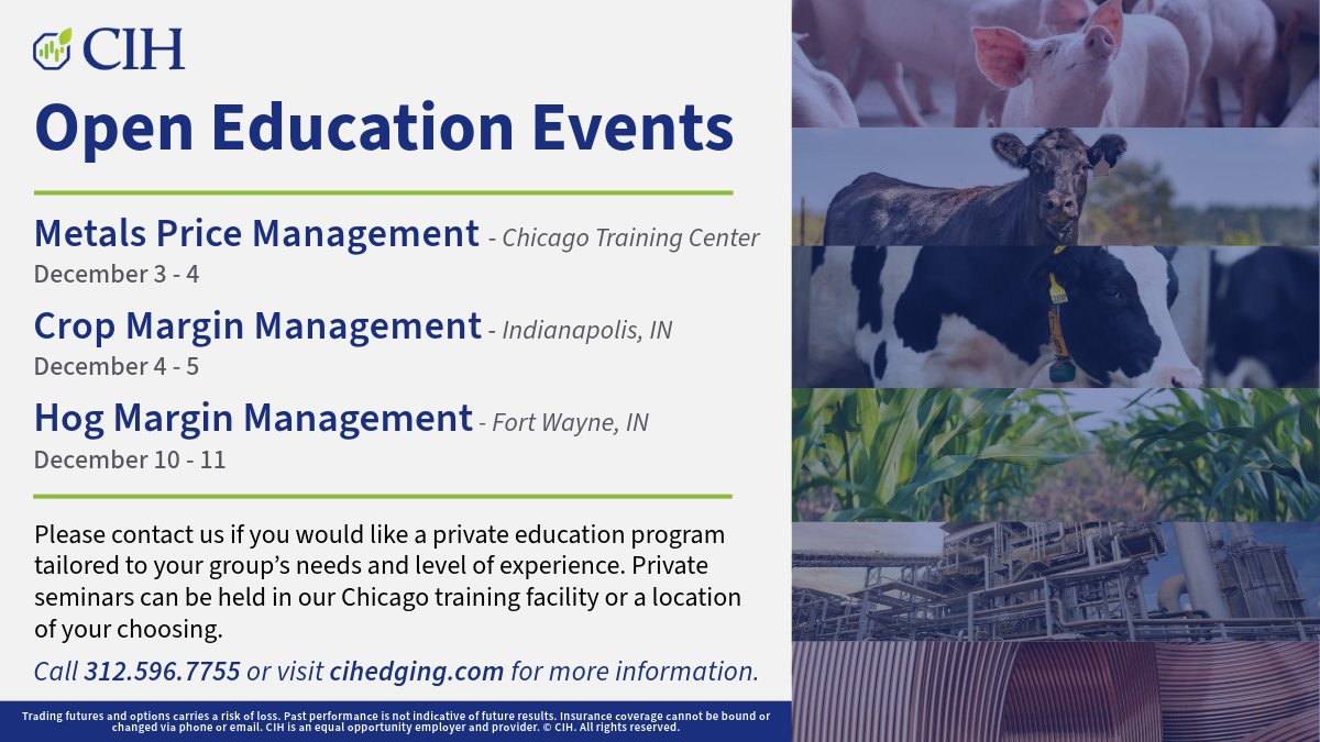 Learn with fellow producers in-person about how objective hedging can protect margins.

Seminars are always posted here: cihedging.com/education-semi…

#agx #agtwitter #riskmanagement