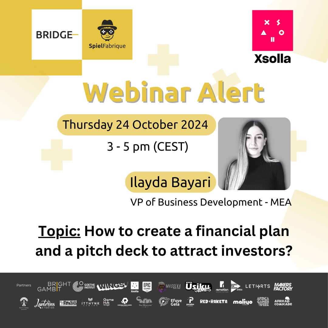 🚀 Join us Oct 24, 15:00 CEST for a <a href="/Xsolla/">Xsolla</a>  webinar on creating financial plans &amp; pitch decks with Ilayda Bayari, VP of Business Development - MEA! 

Info &amp; link on our Discord. 🎮
𝗵𝘁𝘁𝗽𝘀://𝗱𝗶𝘀𝗰𝗼𝗿𝗱.𝗴𝗴/𝟳𝗚𝗧𝗴𝟳𝗱𝗥𝗚