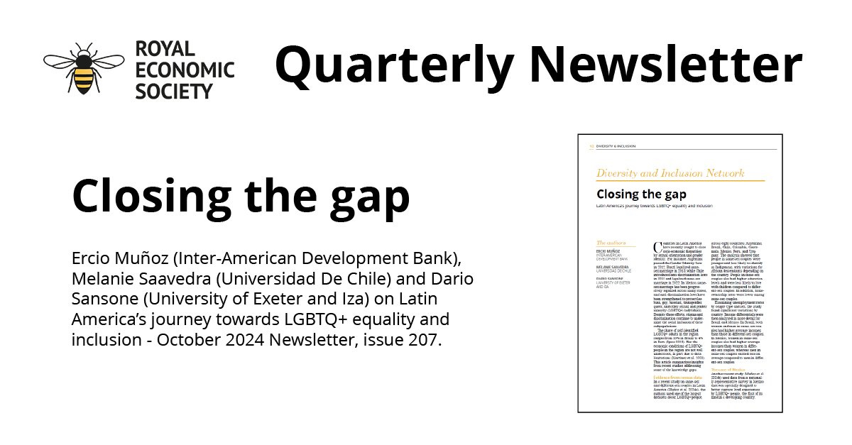 RoyalEconSoc's tweet photo. 📖Read our #RESNewsletter article on ‘Closing the gap’ about Latin America’s journey towards #LGBTQ+ #equality and #inclusion.

Read👉https://t.co/19BJoW0Qz8
For full access to the newsletter become a #RESMember👉https://t.co/MmKpeubtJ9

#EconTwitter @SansoneEcon https://t.co/6f18g8K6se