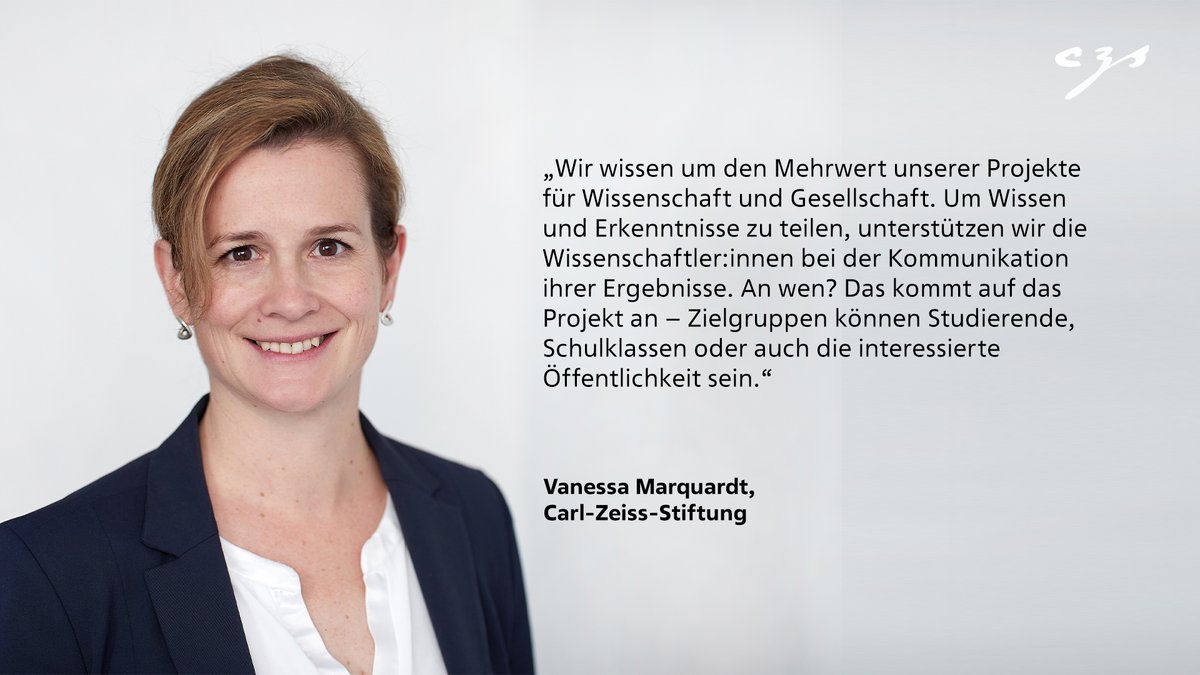 Die Carl-Zeiss-Stiftung bietet ab sofort zusätzliche Antragsmöglichkeiten für Maßnahmen der #Wissenschaftskommunikation in CZS Förderprojekten. Ziel ist, wissenschaftliche Erkenntnisse einer interessierten Öffentlichkeit zugänglich zu machen: carl-zeiss-stiftung.de/czs-wissenscha…