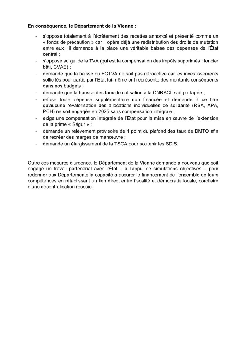 #Motion |  « Contribution » au redressement des finances publiques de l’Etat : le Département de la #Vienne86 lance un cri d’alarme ‼️
 
Face aux menaces qui pèsent sur son budget, le Département de la Vienne, avec le soutien de« Départements de France », alerte le