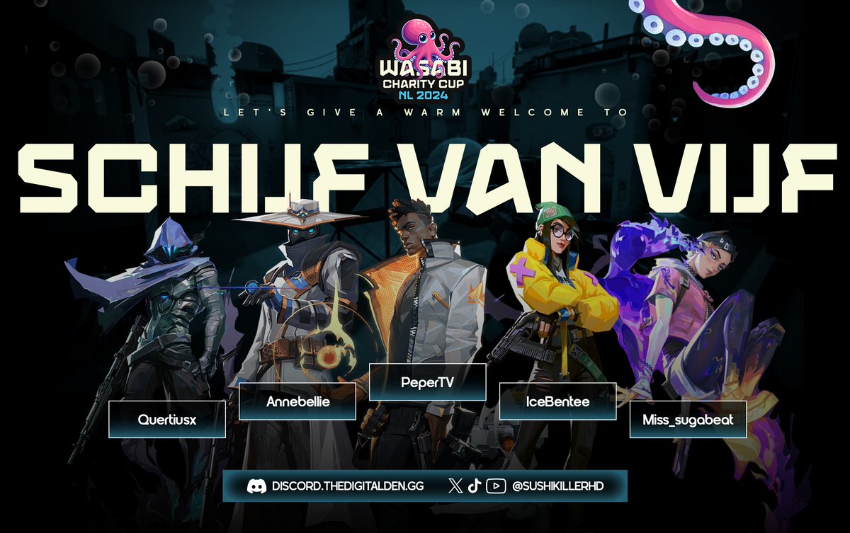 SushikillerHD (@sushikillerhd) on Twitter photo The first team of the Wasabi Charity Cup has arrived: team Schijf van Vijf!
With a perfect mix of talent and entertainment, this team consists of the amazing Twitch streamers:
PeperTV,
<a href="/BellieFPS/">Bellie</a> ,
<a href="/IceBenteettv/">iceBenteeTTV</a> ,
<a href="/MSugabeat/">miss_sugabeat</a> ,
<a href="/Quertius/">:-)</a> The first team of the Wasabi Charity Cup has arrived: team Schijf van Vijf!
With a perfect mix of talent and entertainment, this team consists of the amazing Twitch streamers:
PeperTV,
<a href="/BellieFPS/">Bellie</a> ,
<a href="/IceBenteettv/">iceBenteeTTV</a> ,
<a href="/MSugabeat/">miss_sugabeat</a> ,
<a href="/Quertius/">:-)</a>