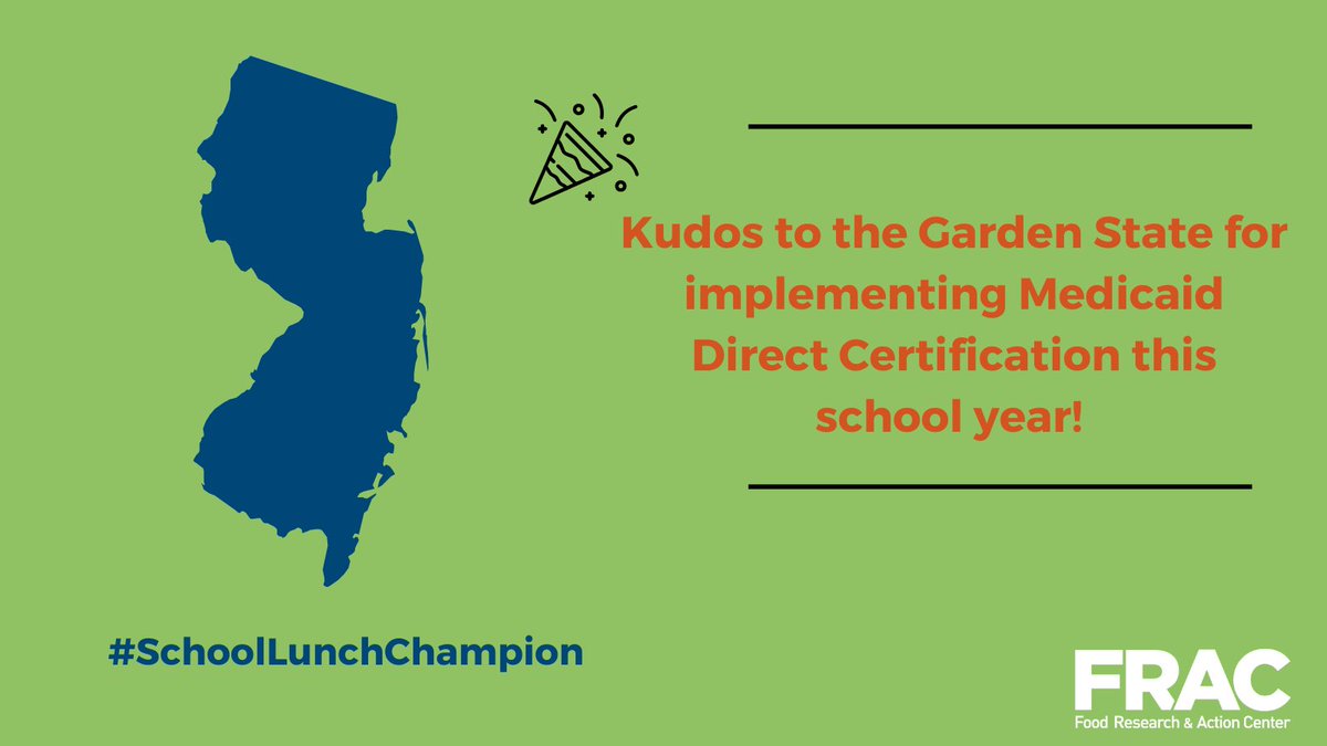 fractweets's tweet image. Kudos to NJ for being a #schoolunchchampion &amp;amp; implementing Medicaid Direct Certification this school year! This collaborative effort will increase children’s access to nutritious #schoolmeals, while improving schools’ ability to operate Community Eligibility. #NSLW24 @NJDA