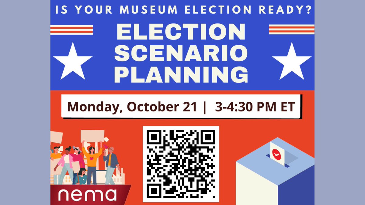 On 10/21 from 3 - 4:30 PM, join us for a virtual workshop about navigating possible roles and actions for museums during the 2024 election. This workshop is free, nonpartisan, and open to museum workers around the United States. Learn more and RSVP here: ow.ly/sUkx50TLYpH