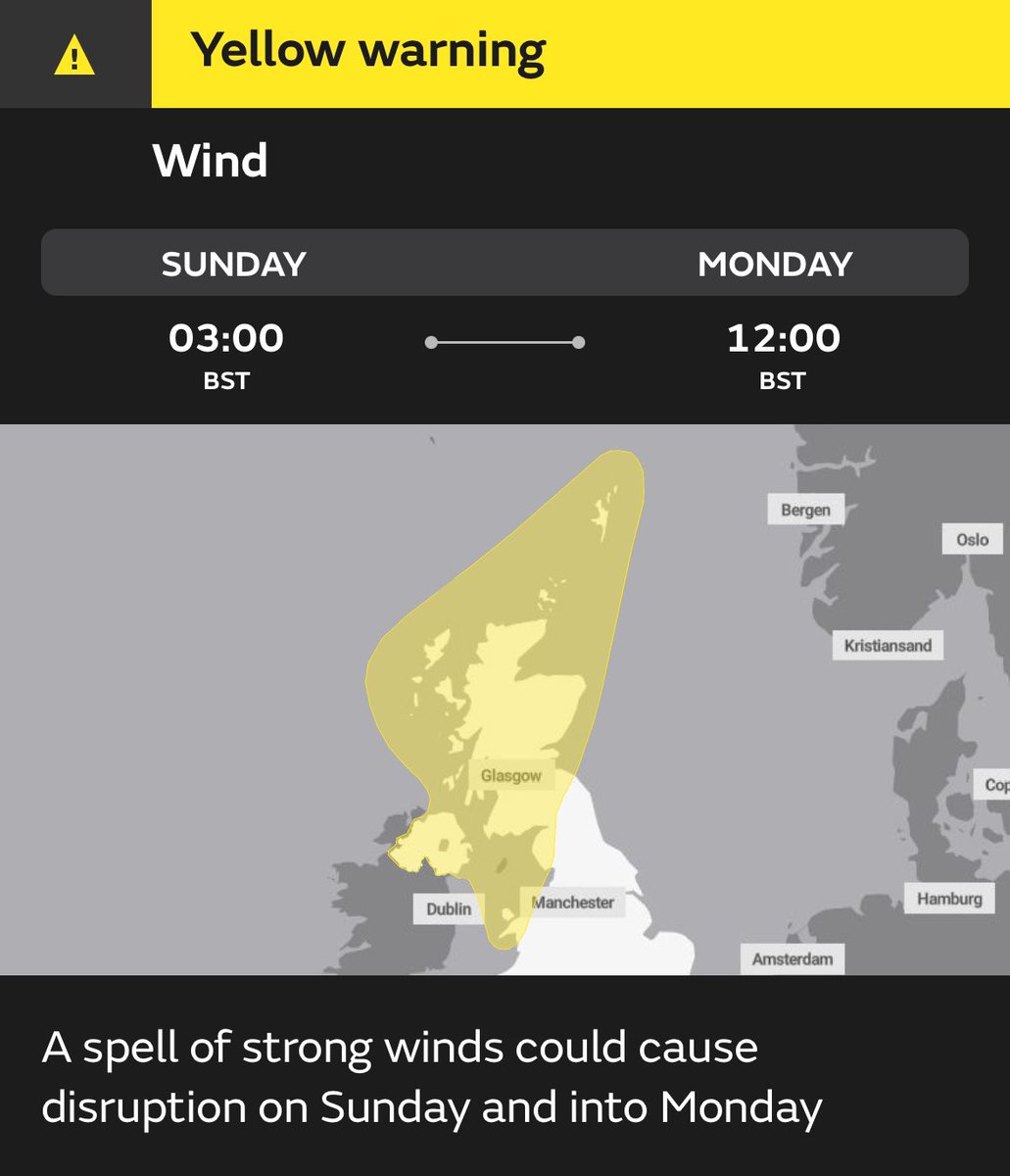 A yellow weather warning has been issued by the Met Office for strong winds on Sunday into Monday.