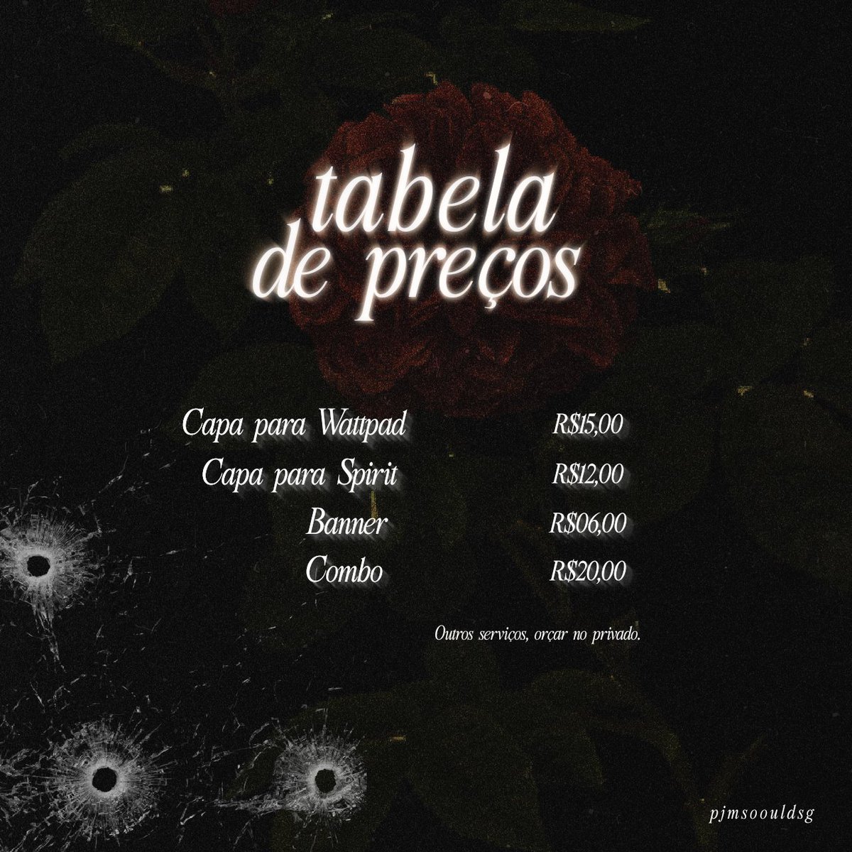 ✦ Bem vindos a pjmsooul design!

→ Veja mais do meu trabalho: deviantart.com/pjmsooul
→ Faça seu pedido de capa: forms.gle/tzeny4Addq6VPG…
→ Faça seu pedido de cronograma: forms.gle/2Hop3bSsVqb5qB…

Acompanhe seu pedido: docs.google.com/spreadsheets/d…