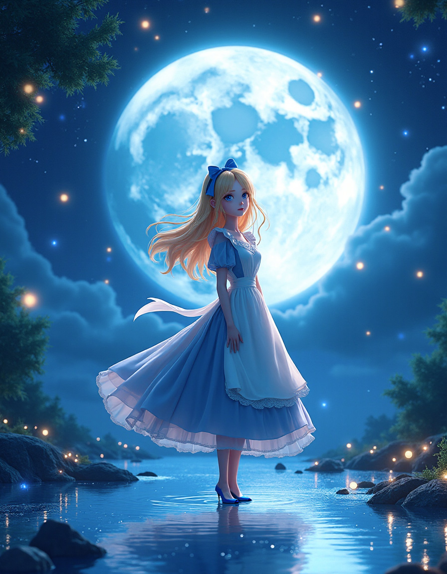 sanzi_sannzi's tweet photo. 不思議の国のムーンリバーとアリス。
名曲（Moon River）を聴きながらイメージした光景をプロンプトに書いて　#AI動画 　にしました。

#アリスコレクション #Flux1 #SVD #WebUIForge #ComfyUI #Aiart https://t.co/FDWCyG9H2f