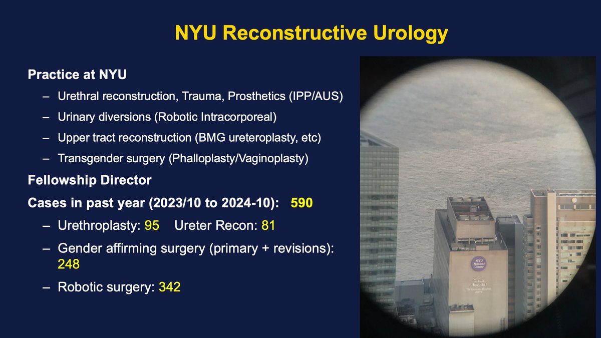 The videos are just the tip of the iceburg.  The NYU fellowship provides unmatched training in robotic &amp; open recon.  The volume and complexity of cases continue to grow.  1yr fellowship in @societyGURS match.  Reach out if interested.
med.nyu.edu/departments-in…
