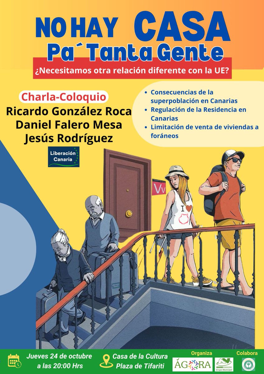 Charla Coloquio en Valsequillo, próximo jueves, 24 de octubre
📌Cambio de modelo de relación con la UE
📌Consecuencias de la superpoblación en Canarias
📌Posibilidad de limitar la residencia en Canarias
📌Limitar la venta de vivienda a foráneos y segunda residencia
<a href="/liberacionCan/">LIBERACION CANARIA</a>