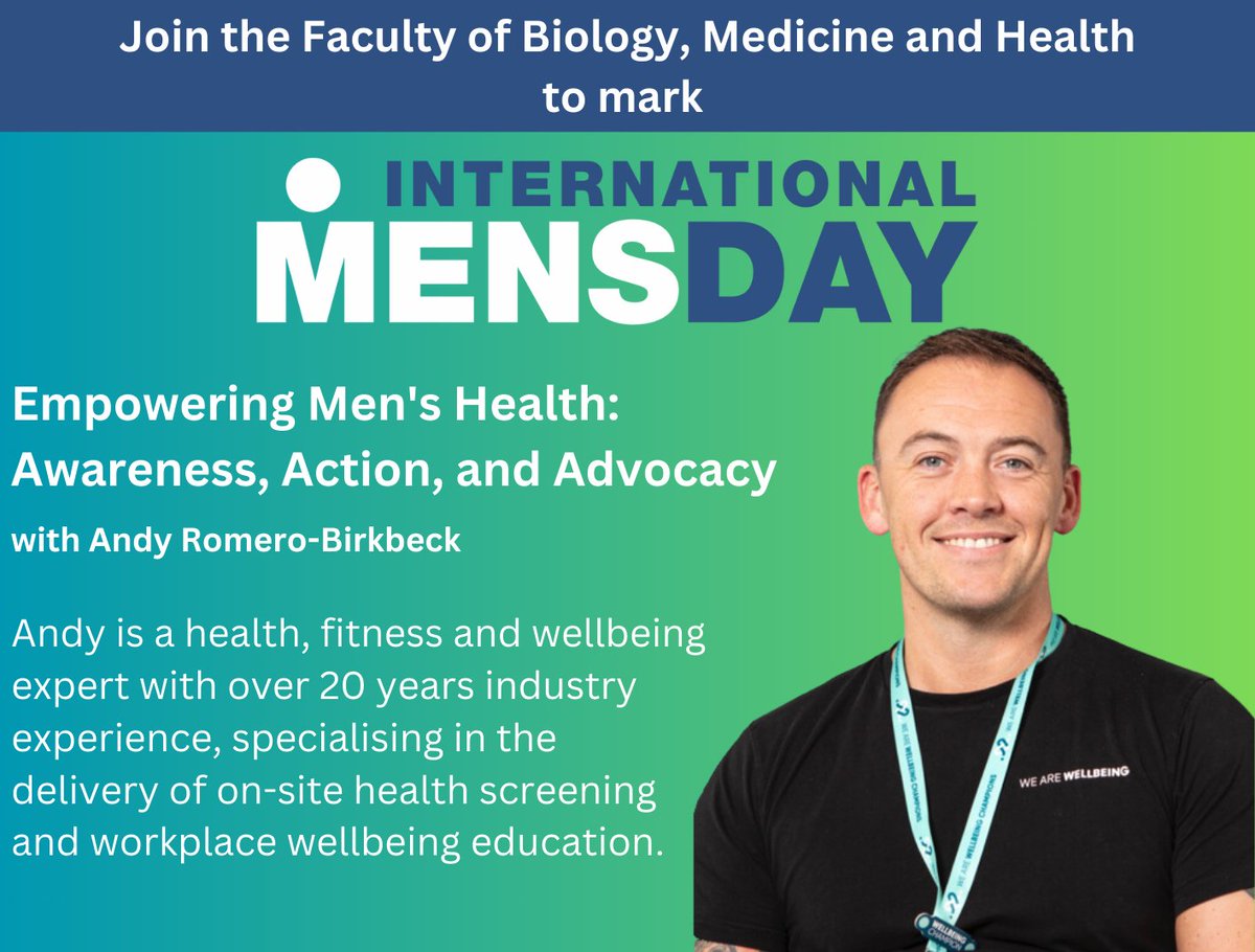 FBMH Social Responsibility and Public Engagement (@fbmh_sr) on Twitter photo SIGN UP NOW OPEN: Join <a href="/FBMH_UoM/">UoM Biology, Medicine and Health</a> on 19th November online for the #IMD2024 event ‘Empowering Men's Health: Awareness, Action, and Advocacy’ with <a href="/AndyWeAreWell/">Andy Romero-Birkbeck</a>, founder and director of We Are Wellbeing.
Register: imd24.eventbrite.co.uk
<a href="/UoMEandD/">Equality & Diversity</a> @socialresponUoM SIGN UP NOW OPEN: Join <a href="/FBMH_UoM/">UoM Biology, Medicine and Health</a> on 19th November online for the #IMD2024 event ‘Empowering Men's Health: Awareness, Action, and Advocacy’ with <a href="/AndyWeAreWell/">Andy Romero-Birkbeck</a>, founder and director of We Are Wellbeing.
Register: imd24.eventbrite.co.uk
<a href="/UoMEandD/">Equality & Diversity</a> @socialresponUoM
