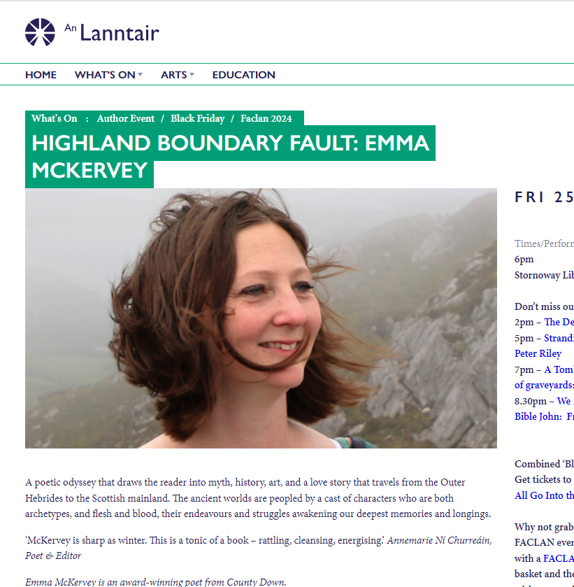 TurasPress's tweet photo. Huge appreciation to @culture_ireland for generous support to @emma_mckervey to participate in #Faclan the Hebridean Book Festival next week in Stornoway, the spiritual home of her super collection of poetry, #HighlandBoundaryFault @MartinDoyleIT @anlanntair @poetryireland https://t.co/OA5yyMReyt