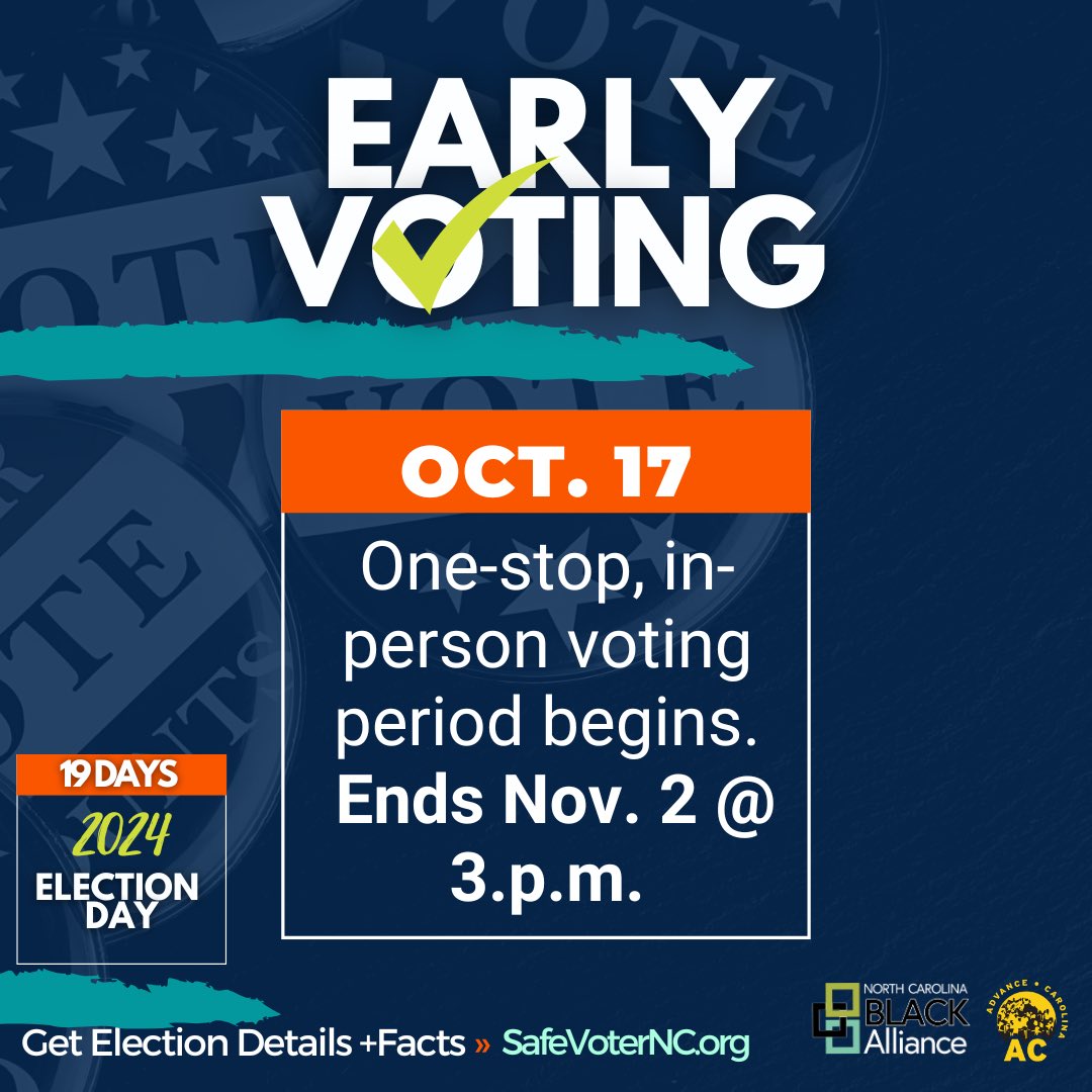 IT’S TIME!!📣 Today begins the first day of early voting. Now until Nov. 2, you can get out and vote early. Your vote matters!

📢 Mobilize your community 
🗳️ Plan your vote
👥Share this information

 #NCVotes #BlackVotersMatter #BlackWomenVote #BlackMenVote