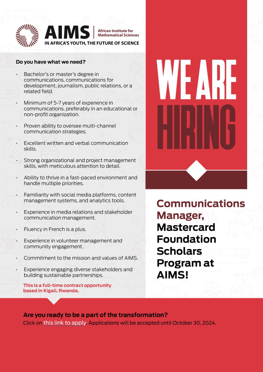 AIMS_RIC's tweet image. #ICYMI: 
We have extended #applicationdeadlines for the following roles:
- Entrepreneurship Manager, Mastercard Foundation Scholars Program - aimsric.odoo.com/jobs/entrepren…
- Communications Manager, Mastercard Foundation Scholars Program - aimsric.odoo.com/jobs/communica…

1/3