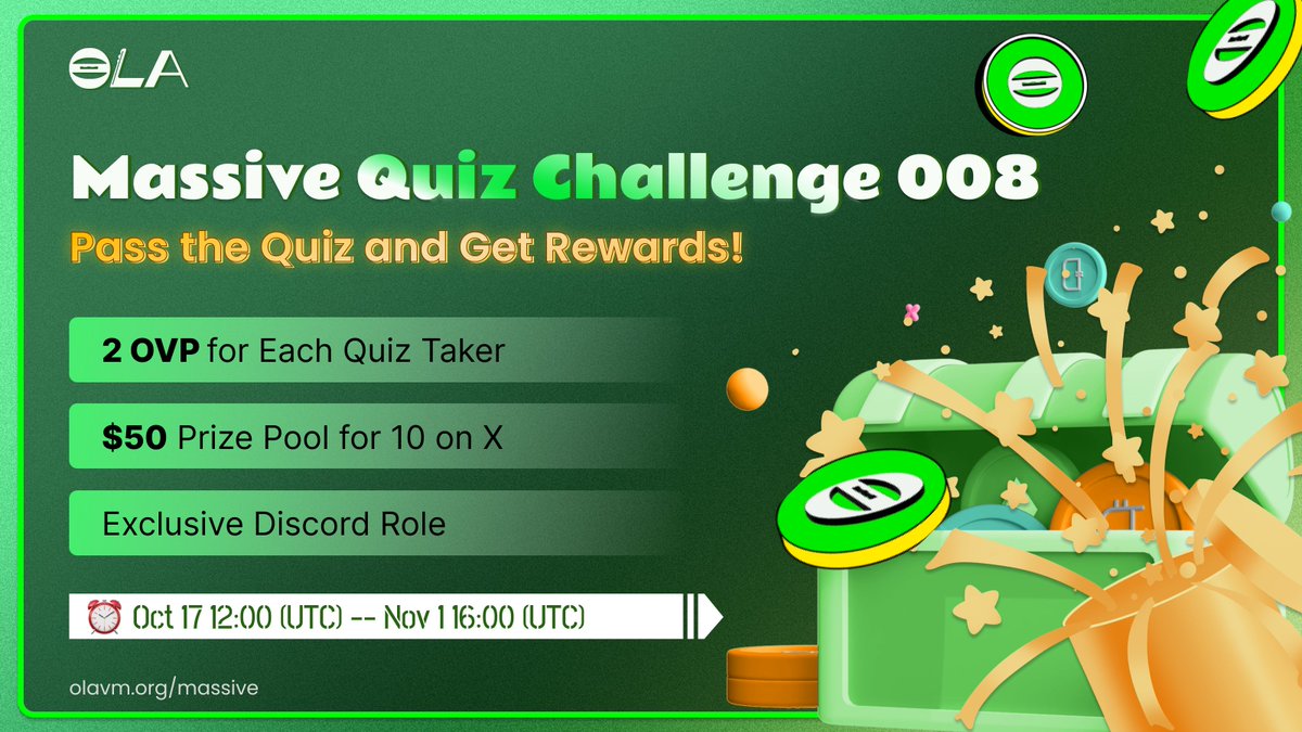 🗞️ Massive Quiz Challenge 008 is here!

💎 Jump in now to earn 2 OVP and score an exclusive Discord role.

💰 Like, comment, and share for a chance to win—10 lucky participants will split 50 $USDT!

🔽 Think you’ve got what it takes? Prove your #OlaMassive knowledge and join the