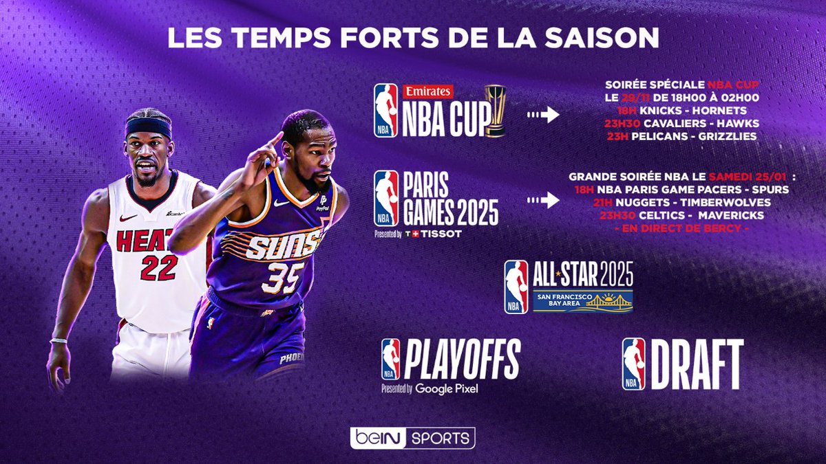 <a href="/beinsports_FR/">beIN SPORTS</a> <a href="/JMonclar/">Jacques Monclar</a> <a href="/SoFrenchProd/">Remi Reverchon</a> <a href="/MaryPatrux/">Mary Patrux</a> <a href="/singletonchr/">Chris</a> <a href="/ERICMICOUD/">Eric Micoud</a> <a href="/Schweickert1/">FredS.</a> <a href="/AudreySauret/">audrey sauret</a> <a href="/Bigfredstyle/">Fred Weis</a> Une saison riche en émotions rythmée par des moments forts : la NBA Cup, le All-Star Game, les Playoffs et la Draft
#NBAExtra