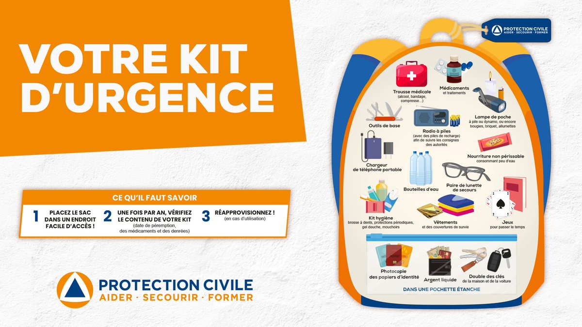 👉Si vous vous trouvez dans une zone en #VigilanceMétéorologique, la Protection Civile vous rappelle d’avoir votre kit d’urgence à portée de main au cas où vous devriez évacuer rapidement votre domicile. 🎒

En cas d’utilisation, n’oubliez pas de le réapprovisionner !