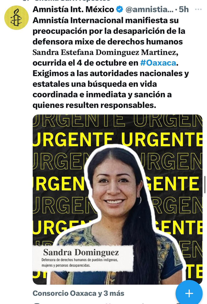 ZonaRoja_Oaxaca's tweet photo. La organización Amnistía Internacional (@amnistiamexico) manifiestó su preocupación por la desaparición de la defensora mixe de derechos humanos 𝐒𝐚𝐧𝐝𝐫𝐚 𝐄𝐬𝐭𝐞𝐟𝐚𝐧𝐚 𝐃𝐨𝐦Í𝐧𝐠𝐮𝐞𝐳 𝐌𝐚𝐫𝐭Í𝐧𝐞𝐳, ocurrida el 4 de octubre en #Oaxaca. 
“Exigimos a las autoridades nacionales y estatales una búsqueda en vida coordinada e inmediata y sanción a quienes resulten responsables”, refirió anoche en sus redes sociales.