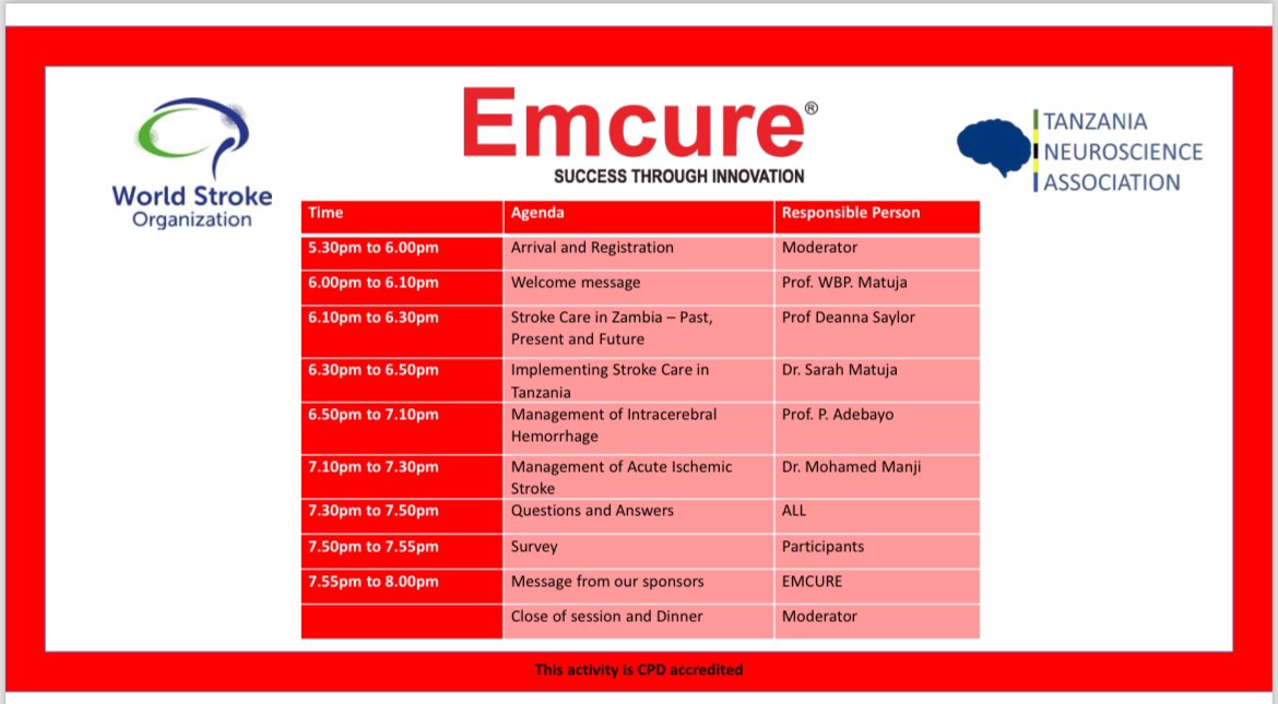 @tzneuroscience (@tzneuroscience) on Twitter photo The #WorldStrokeDay24 CME organized by the <a href="/tzneuroscience/">@tzneuroscience</a> in collaboration with <a href="/WorldStrokeOrg/">World Stroke Org</a> & #EMCURE will be held in Dar es Salaam at the Protea Hotel, Courty! Limited slots. Register here: forms.gle/met6iREG4w8rJg….
#StrokeAwareness #Tanzania The #WorldStrokeDay24 CME organized by the <a href="/tzneuroscience/">@tzneuroscience</a> in collaboration with <a href="/WorldStrokeOrg/">World Stroke Org</a> & #EMCURE will be held in Dar es Salaam at the Protea Hotel, Courty! Limited slots. Register here: forms.gle/met6iREG4w8rJg….
#StrokeAwareness #Tanzania