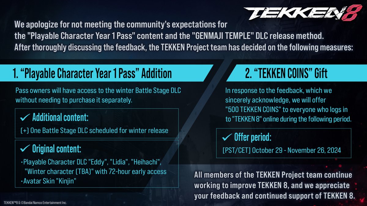 TEKKEN's tweet image. An important message from the #TEKKEN8 team.