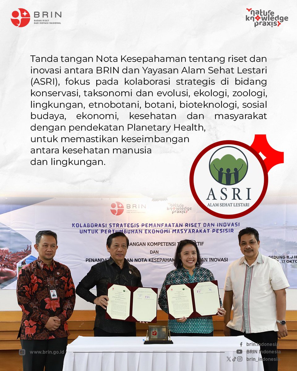 brin_indonesia's tweet photo. Kerja sama BRIN dengan ASRI terkait dengan pemanfaatan hutan, kesehatan alam dan juga manusia melalui pendekatan planetary health. Sementara itu, kolaborasi riset BRIN dengan PT Panen Laut Lestari tidak hanya dari sisi budidaya tapi juga industri laut, khususnya rumput laut. https://t.co/wVVvelEusB