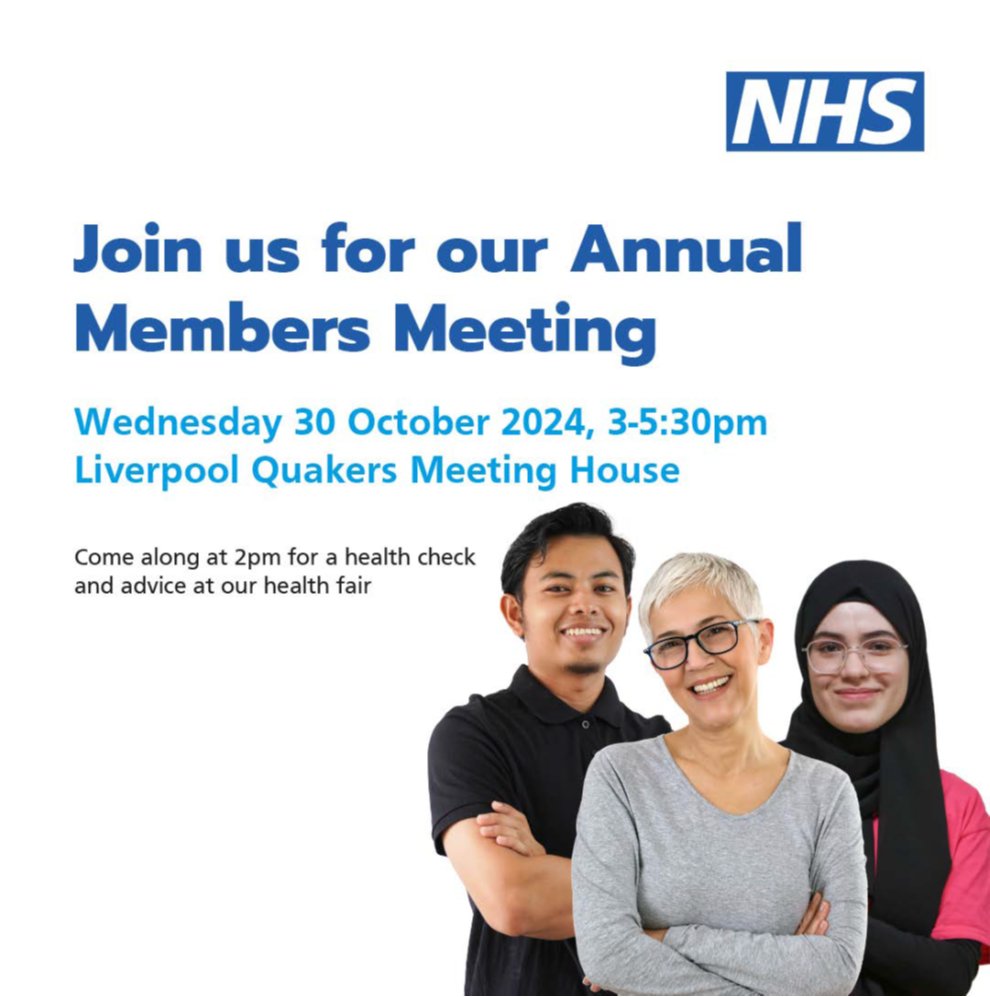 Brownlow_MBone's tweet photo. Liverpool Women's Hospital NHS Foundation Trust &amp; Liverpool University Hospitals NHS Foundation Trust are hosting their Annual Meeting.

📅 Wed 30 Oct 2024, 3-5:30pm
📍 Liverpool Quakers Meeting House (Health fair from 2pm)

⚠ This is not a Brownlow Health event. https://t.co/Lq1E7fg6Kf