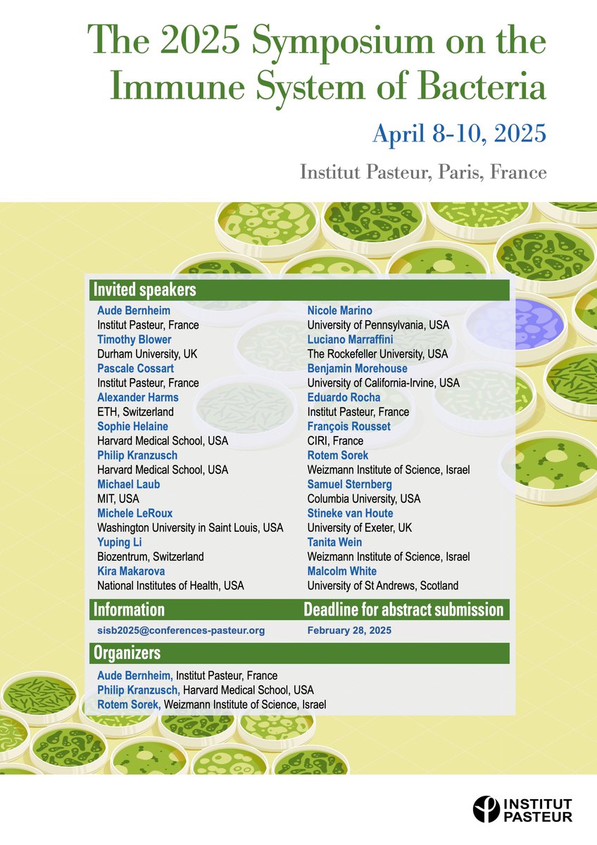 Aude Bernheim (@audeber) on Twitter photo Join us in Paris on April 8th-10th for the 2025 Symposium on the Immune System of Bacteria 🥖🍷🦠🧬.
Excited to welcome these amazing speakers at <a href="/institutpasteur/">Institut Pasteur, since 1887</a> .
Registration will open beginning of November. Abstract deadline February 28. Stay tuned. Join us in Paris on April 8th-10th for the 2025 Symposium on the Immune System of Bacteria 🥖🍷🦠🧬.
Excited to welcome these amazing speakers at <a href="/institutpasteur/">Institut Pasteur, since 1887</a> .
Registration will open beginning of November. Abstract deadline February 28. Stay tuned.
