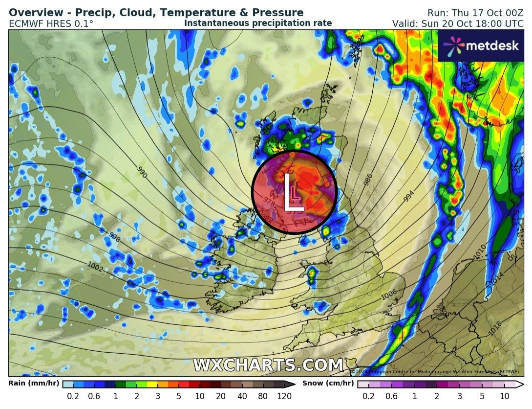 GFS vs ECM

GFS brings Sundays Low pressure system a few hundred miles further north, while ECM brings the centre significantly further south across Scotland, which would result in stronger winds further south affecting northern England.