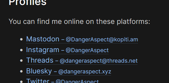 fwiw i too am on other places too, including on fedi, 🦋, and 🧵, all linked on my site

not that i post much anyway, but it'll be nice to keep in touch as this continues spiralling down