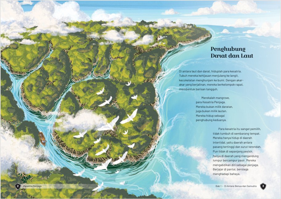 bibabercerita's tweet photo. Ada nih buku anak gratis, bebas dicetak, full ilustrasi 80-an halaman dan isinya pengetahuan bagus soal mangrove.

Judulnya "Kesatria Penjaga"
Ada akademisi dari bidang kelautan sampai biologi juga dalam pelaku perbukuannya, dan tentunya pake daftar pustaka, guys, wkwk.

Jadi kenapa mangrove bisa punya kekuatan memperlambat ombak?

Akar-akar mangrove yang saling berjalin bertindak seperti jaring alami yang bisa melambatkan arus air. Akar ini juga bisa menangkap sedimen yang terbawa arus laut maupun sungai, mengendapkannya, terus bisa sampai membentuk daratan baru. Keren kan jadi gak abrasi?

Kerimbunan pohon mangrove juga membantu memecah angin laut yang kencang, sehingga kekuatannya berkurang sampai 75-85%.🌱🌊