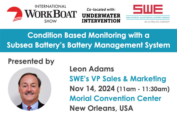 SWE_Corp's tweet photo. Leon Adams (VP of Sales/Marketing) will be presenting on 'Condition Based Monitoring with a #SubseaBattery’s Battery Management System (BMS)' at Underwater Intervention/Submarine Symposium on Nov 14, 2024 from 11am - 11:30am.  An example BMS for SWE's SeaSafe subsea batteries will be demonstrated live to show how manned submarine, autonomous underwater vehicle (#AUV), and subsea instrument operators can keep well-informed of battery system utilization, remaining capacity, and state of health.  https://t.co/1f5oipud7C