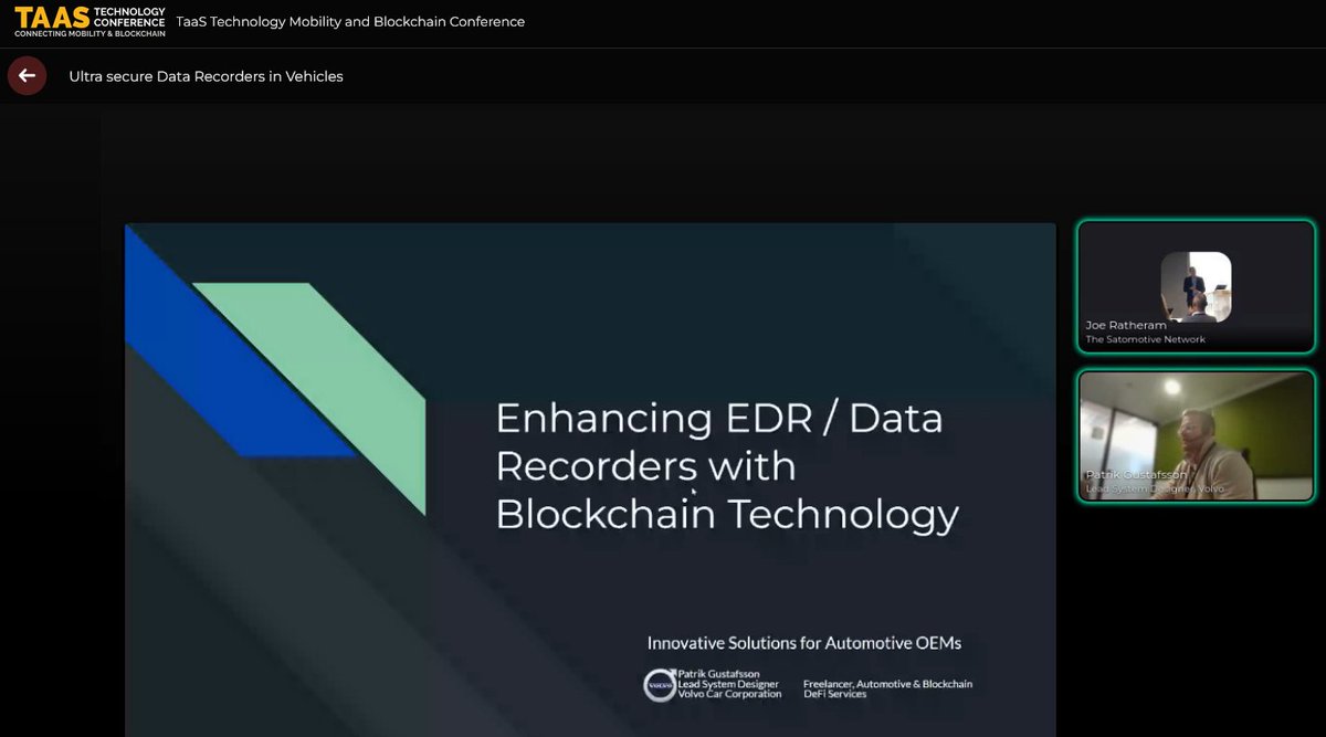 Thank you to Patrik Gustafsson, Lead System Designer at Volvo Cars, for their talk this morning on 'Enhancing EDR/Data Recorders with Blockchain Technology'!

Missed it? Register now and receive on-demand content! 

lnkd.in/egE4Nhsc 

#TaaSConference #TaaSOnline