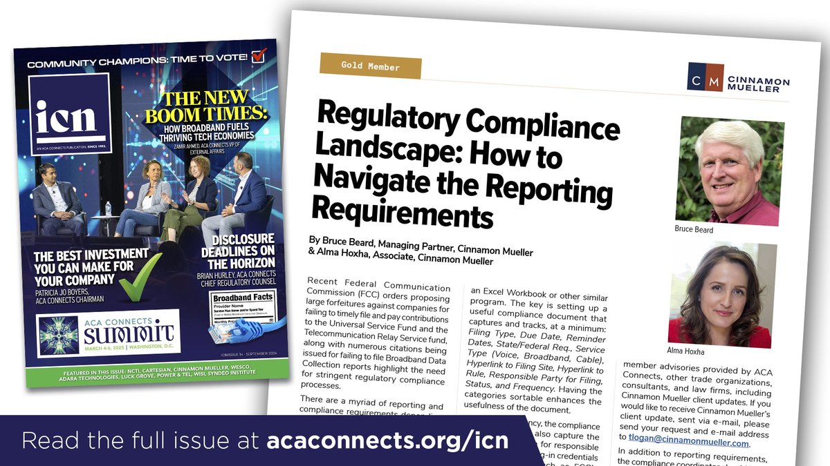 ACAConnects's tweet photo. In ICN issue 14, @BruceBeard41 and Alma Hoxha of Cinnamon Mueller explain to service providers the importance of developing a compliance program to ensure that all regulatory matters are captured. Read the full article here - https://t.co/zl9uBeEMzh https://t.co/aIEPtkb0ob